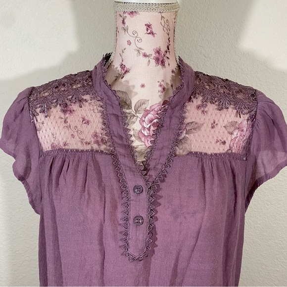Blu Pepper Tops - Perch sz:2XL Mauve Purple Lace Detail Quarter Sleeve Semi-Sheer Blouse Top